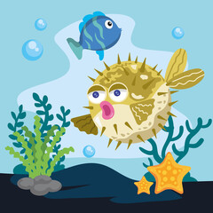 Wall Mural - blowfish with fish sealife