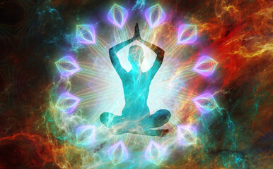 Wall Mural - Silhouette of a girl in Lotus position on the background of the fractal universe. A state of trance and deep meditation. A spiritual journey in the universe.