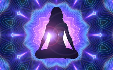 Wall Mural - Silhouette of a girl in Lotus position on the background of the fractal universe. A state of trance and deep meditation. A spiritual journey in the universe.