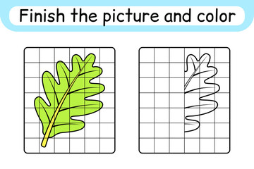 Complete the picture leaf oak. Copy the picture and color. Finish the image. Coloring book. Educational drawing exercise game for children