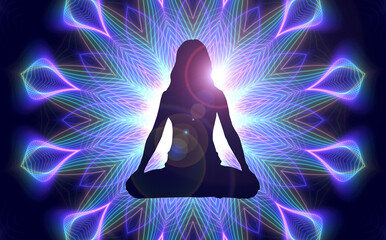 Wall Mural - Silhouette of a girl in Lotus position on the background of the fractal universe. A state of trance and deep meditation. A spiritual journey in the universe.