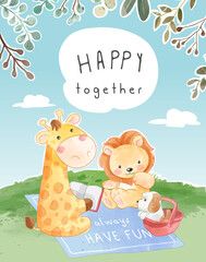 Wall Mural - happy together slogan with cartoon animals reading story on a mat illustration