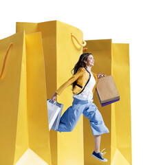 Wall Mural - Cheerful woman shopping and big shopping bags