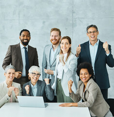 Wall Mural - young business people meeting office portrait diversity teamwork group celebrating success corporate senior mature colleague laptop computer together