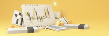 Digital Currency Technology Gold Coins For The Future It Is Enclosed Around A Digital Currency Chart The Cryptocurrency Market With A Price Chart And A Pencil And Note Paper Widescreen. 3d Rendering