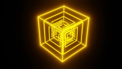 Wall Mural - Neon cube rotating in 3d dark space.
Loop animation, 4k video.