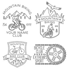 Wall Mural - Set of Mountain biking badge, logo, patch. Vector illustration. Concept for shirt or logo, print, stamp or tee. Vintage line art design with man riding bike and mountain silhouette.