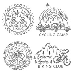 Wall Mural - Set of Mountain biking badge, logo, patch. Vector illustration. Concept for shirt or logo, print, stamp or tee. Vintage line art design with man riding bike and mountain silhouette.