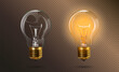 Retro transparent electric edison light bulb with a gold base in switched on and off position. Realistic 3d style. Isolated background. Object for infographics, presentations, web design, poster