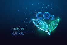 Concept Of Carbon Neutral, Net Zero Emission With CO2 And Green Leaves In Futuristic Glowing On Blue