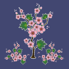 Wall Mural - vector set ornament, bonsai, twigs with pink flowers and leaves stylized in Korean style on a purple background