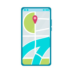 Wall Mural - phone or tablet. Phone with map and marker. Mobile gps navigation and path tracking concept. The woman is holding a phone in her hand. Vector illustration.