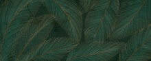 Luxury Green Art Background With Palm Leaves In Gold Line Hand Drawn. Botanical Banner With Exotic Plants For Wallpaper Design, Print, Decor, Packaging, Textile