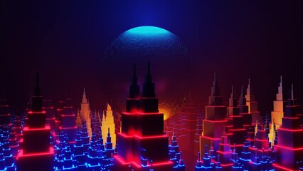 Wall Mural - looping animation of the futuristic city near a levitating sphere. 3d render, video 4k.