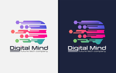 Poster - Digital Mind Logo Design. Abstract Tech Futuristic People Head Style Concept Symbol Design.