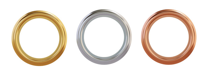 Set of gold, cilver and brass metal grommet rings for paper, card, tag, sticker or hanger isolated on white background. Banner steel or chrome circle realistic eyelet mockup. Vector illustration