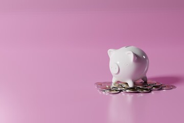 Poster - Piggy bank on the background of money. Concept of saving money, saving money for later. 3d render, 3d illustration