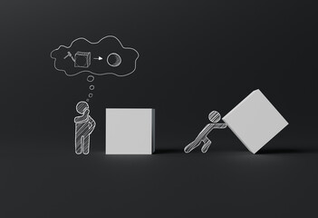 Poster - the person pushing the cuboid and the other person thinking about the solution. the concept of makin