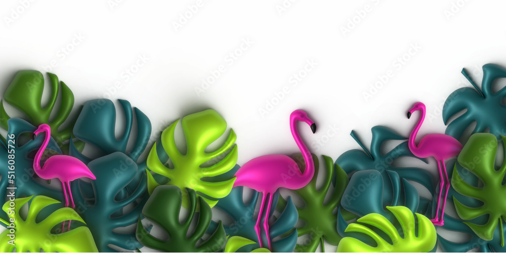 Summer tropical background with exotic palm leaves and flamingo. Sale ...