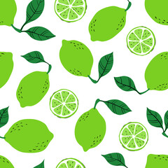 Wall Mural - Tropical seamless pattern with green limes and lime slices. Hand drawn lemes pattern on white background. for fabric, drawing labels, print, wallpaper of children's room, fruit background