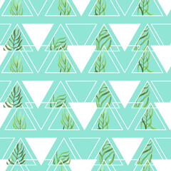 Wall Mural - watercolor twigs with leaves in triangles frames geometric  seamless pattern