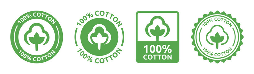 Poster - 100% cotton label for clothing packaging. Natural textile logo certificate vector icon set illustration.