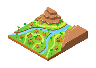 isometric village with traditional house