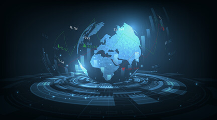 Aufkleber - Stock market and trading graph concept.World map with graph in futuristic on dark blue background.