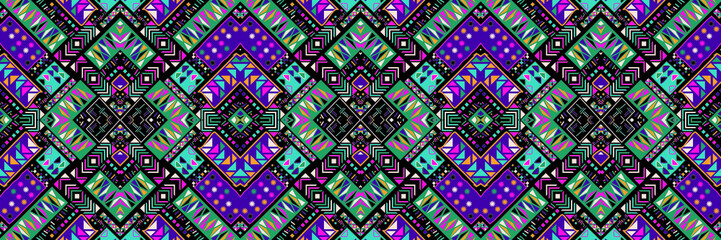 Ethnic carpet with geometric mosaic aztec style stripes on tile. majolica Antique interior,modern rugs,geographic print on kente clot textile.Tribal vector ornament seamless african pattern.multicolor