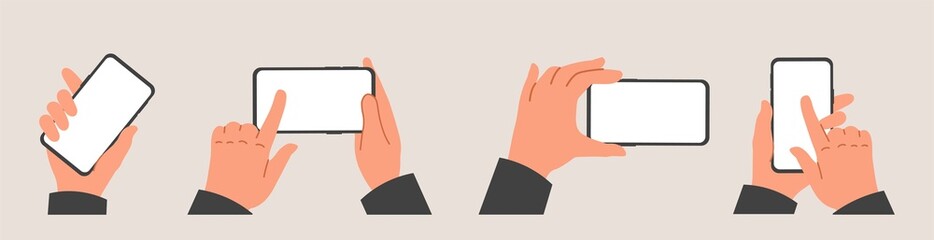 Poster - set of human hands hold mobile phone. female or male palms hold smartphones with blank screens and t