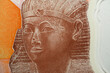 Queen Hatshepsut closeup view from the reverse side of the new first Egyptian 10 LE EGP ten pounds plastic polymer banknote with a part of the great pyramid of Giza Khufu pyramid, selective focus