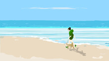 A Girl Walks A Brown Dog On The Beach In Front Of A Turquoise Ocean In A Green Hoodie Under A Clear Blue Sky With White Clouds, Realistic Minimalist Illustration Vector