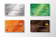 Bank credit cards. ATM debit money realistic mockup. Purchase payment. Security chip and cardholder name. Financial transfers. Isolated plastic color objects set. Vector banking design