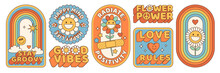 Groovy Hippie 70s Stickers. Funny Cartoon Flower, Rainbow, Peace, Love, Heart, Daisy, Mushroom Etc. Sticker Pack In Trendy Retro Psychedelic Cartoon Style. Flower Power. Good Vibes. Stay Groovy.