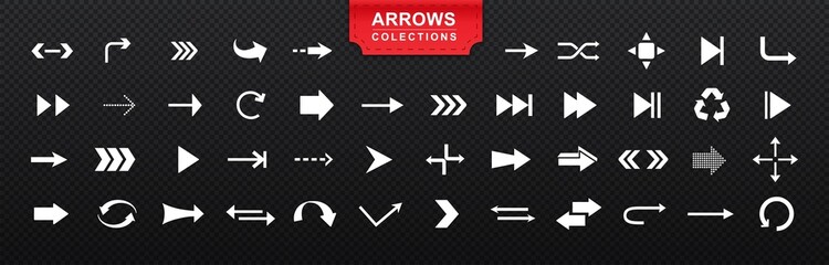 Poster - big set of arrows. white icons or stickers with arrows of various shapes indicating direction. desig