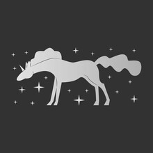 Unicorn. Elegant Silver Silhouette On A Dark Background Surrounded By Stars. The Fabulous Animal Sparkles With Magic. Vector Illustration.