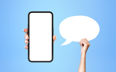Poster - Phone mockup display with blank speech bubble in hand, blue background