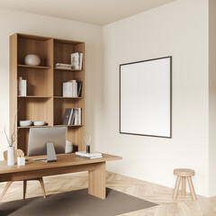 Wall Mural - Light office room interior with workplace and shelf. Mockup frame