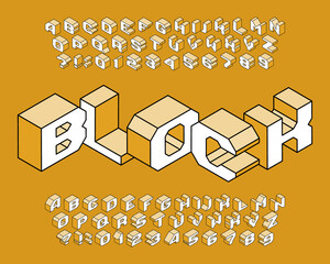Fototapete - Block alphabet font. 3d isometric letters, numbers and symbols. Stock vector typescript for your typography design.