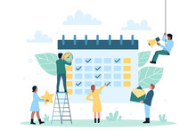 Effective Time Management And Planning Projects. Cartoon Tiny Professional People Work With Schedule In Calendar And Clock To Organize Business Process Flat Vector Illustration. Agenda Concept