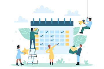 Wall Mural - Effective time management and planning projects. Cartoon tiny professional people work with schedule in calendar and clock to organize business process flat vector illustration. Agenda concept