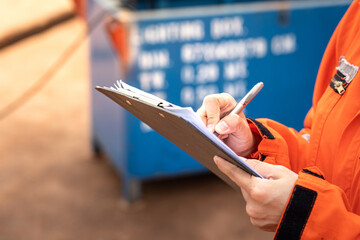 Wall Mural - Action of safety officer is writing and check on checklist document during safety audit and inspection at drilling site operation. Industrial expertise occupation working scene.