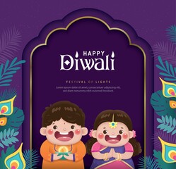 Wall Mural - Happy Diwali poster with cute Indian boy and girl celebrating Diwali festival.