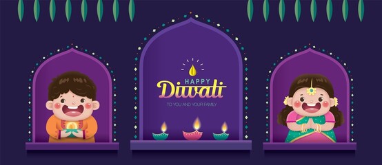 Wall Mural - Happy Diwali poster with cute Indian boy and girl celebrating Diwali festival.