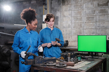 Two female professional industry workers partner in safety uniforms metalwork jobs discuss near green screen monitor, mechanical lathe machines, and engineering workshop in manufacturing factory.