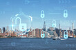 New York City skyline from Brooklyn, Williamsburg over the East River, Manhattan skyscrapers at day time, USA. The concept of cyber security to protect confidential information, padlock hologram