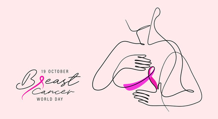 One line drawing of woman self check breast cancer and awareness ribbon