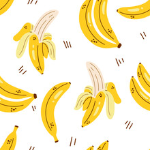 Cute Pattern With Yellow Bananas On White Background. Banana Seamless Pattern. Peeled Banana And Banana Bunch. Tropical Fruit.