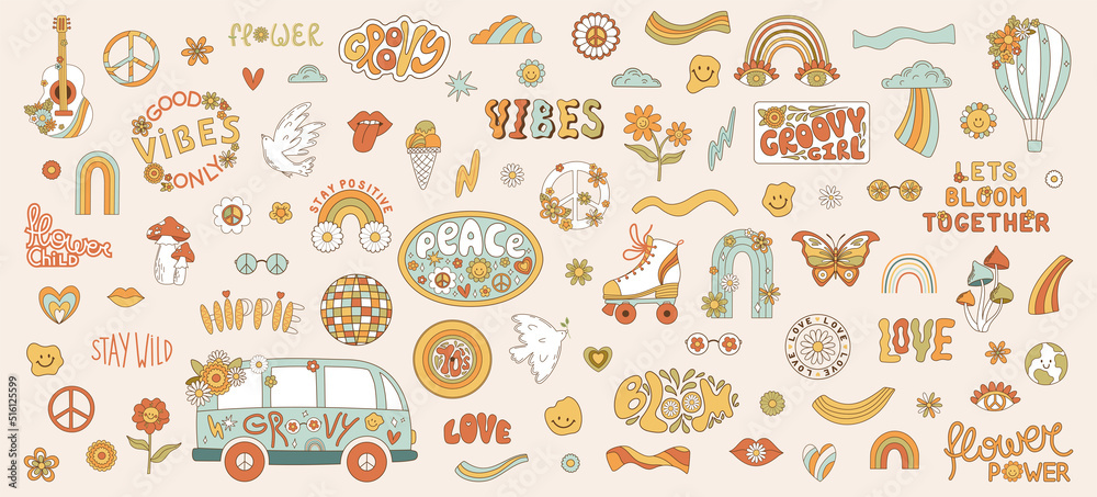 Set retro 70s hippie stickers. Psychedelic groove elements and ...