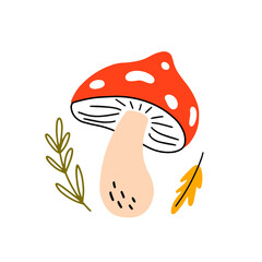 Wild fly agaric with forest plants in doodle style. Cute children vector illustration isolated on a white background. Red mushroom for your design - poster, card, bag, t shirt